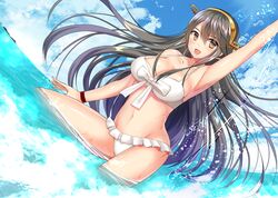  1girl :d arm_up armpits bare_shoulders bikini black_hair breasts brown_eyes cleavage eko frilled_bikini frills haruna_(kantai_collection) headgear kantai_collection large_breasts long_hair open_mouth smile solo swimsuit very_long_hair wading white_bikini 