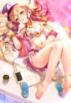  1girl barefoot bikini blush brown_eyes brown_hair cafe-chan_to_break_time cellphone commentary_request earphones feet long_hair looking_at_viewer lying original phone poolside porurin sandals shoes_removed single_shoe smartphone solo swimsuit 