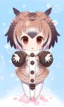  1girl blue_background blush brown_coat brown_eyes brown_hair chibi coat demmy eurasian_eagle_owl_(kemono_friends) eyebrows_visible_through_hair floral_background full_body fur_trim gloves hair_between_eyes head_wings kemono_friends looking_at_viewer mary_janes multicolored_hair open_mouth outstretched_arms pantyhose shoes solo standing white_gloves white_hair white_legwear white_shoes 