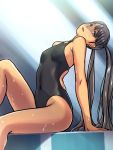  1girl black_hair black_swimsuit highres kuri_(kurigohan) legs long_hair looking_at_viewer original sitting solo swimsuit twintails very_long_hair wet 
