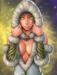  1girl 2016 blonde_hair breasts cleavage female hel_(smite) highres hood_up looking_at_viewer mirco_cabbia no_bra no_pupils signature smite solo upper_body yellow_eyes 