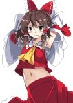  1girl armpits arms_up ascot bangs blush bow brown_eyes brown_hair clenched_teeth commentary_request cowboy_shot detached_sleeves e.o. eyebrows_visible_through_hair hair_between_eyes hair_bow hair_tubes hakurei_reimu looking_at_viewer midriff navel red_bow sarashi sidelocks simple_background solo stomach teeth touhou white_background 
