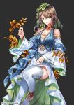  1girl brown_hair copyright_name flower green_eyes hair_ornament interitio japanese_clothes official_art plant sid_story solo thigh-highs 