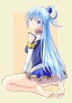  1girl aqua_(konosuba) barefoot blue_eyes blue_hair feet hair_ornament highres kono_subarashii_sekai_ni_shukufuku_wo! leafar long_hair looking_at_viewer no_panties smile soles solo toes 