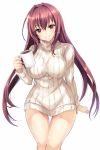  bangs blush breasts coffee_mug commentary_request cup fate/grand_order fate_(series) hair_between_eyes harimoji highres hips holding holding_cup large_breasts legs long_hair looking_at_viewer purple_hair red_eyes ribbed_sweater scathach_(fate/grand_order) simple_background smile sweater thighs turtleneck turtleneck_sweater white_background 