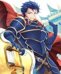  1boy armor axe blue_hair cape fire_emblem fire_emblem:_rekka_no_ken gloves grin hector_(fire_emblem) highres holding holding_weapon looking_at_viewer smile solo weapon 
