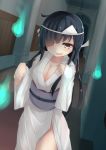  1girl alternate_costume black_hair breasts cleavage commentary_request dutch_angle ghost_costume hair_over_one_eye hallway hanging_light hayashimo_(kantai_collection) hitodama indoors japanese_clothes kantai_collection long_hair looking_at_viewer ne_an_ito obi sash smirk solo triangular_headpiece yellow_eyes 