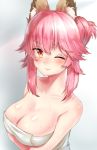  1girl alternate_hairstyle animal_ears blush breast_hold breasts cleavage collarbone fate/extra fate/extra_ccc fate/grand_order fate_(series) fox_ears highres large_breasts lips nose_blush one_eye_closed pink_hair solo tamamo_(fate)_(all) tamamo_no_mae_(fate) touwa_iyo wet yellow_eyes 