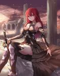  1girl black_legwear blush breasts closed_mouth eyebrows_visible_through_hair highres holding holding_sword holding_weapon large_breasts long_hair looking_at_viewer original red_eyes redhead ruins sitting smile solo sword thigh-highs weapon yohaku 