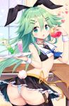  1girl adapted_costume animal_ears aqua_eyes black_legwear black_skirt blush bunny_tail cup drink drinking_glass fake_animal_ears food fruit green_hair hair_between_eyes heart holding holding_fruit kantai_collection long_hair maruma_(maruma_gic) open_mouth panties pleated_skirt rabbit_ears skirt solo striped striped_panties tail thigh-highs underwear window wrist_cuffs yamakaze_(kantai_collection) 