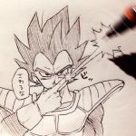  1boy armor black_eyes black_hair dragon_ball dragonball_z energy_beam fourth_wall gloves index_finger_raised looking_at_viewer male_focus mechanical_pencil monochrome pencil simple_background solo_focus speech_bubble tkgsize traditional_media translation_request vegeta 
