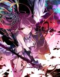 1girl angel_wings bare_shoulders breasts feathered_wings halo holding holding_weapon jibril_(no_game_no_life) long_hair looking_at_viewer low_wings magic_circle multicolored_hair navel no_game_no_life pink_hair solo tsuedzu weapon white_wings wings yellow_eyes 
