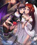  2girls :o absurdres angel angel_and_devil apple auburn_hair bangs bare_shoulders barefoot black_legwear black_leotard black_wings blue_eyes blue_nails blunt_bangs blush bracelet breasts brown_hair circlet cleavage cleavage_cutout clenched_hand closed_mouth collarbone commentary_request demon_girl demon_wings dress eye_contact eyebrows_visible_through_hair face-to-face feathered_wings female floral_print food fruit fur_collar hair_bun half-closed_eyes hand_holding hand_on_own_shoulder hand_up highres holding holding_fruit horns jewelry kneeling lantern leaning leaning_forward leotard light_particles lips long_dress long_hair looking_at_another medium_breasts moonandmist multiple_girls nail_polish neck off-shoulder_dress off_shoulder one_side_up original print_dress purple_wings shiny shiny_hair shiny_skin short_sleeves side_slit sidelocks smile thigh-highs twintails very_long_hair water white_dress white_wings wings yuri 