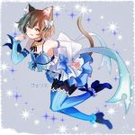  1boy :3 :q animal_ears ankle_ribbon arm_ribbon armpits bangs bare_shoulders black_legwear blue_bow blue_choker blue_dress blue_legwear blue_ribbon blue_shoes bob_cut bolo_tie bow bow_dress brown_hair cat_ears cat_tail character_name choker closed_mouth collarbone commentary_request detached_sleeves dot_nose dot_pupils dress dress_bow eyelashes felix_argyle frilled_dress frilled_legwear frills front-tie_top full_body grey_background hair_between_eyes hair_bow hair_ribbon hand_on_hip hand_up high_heels highres jewelry large_bow layered_dress leaning_forward leg_up lips looking_at_viewer male_focus otoko_no_ko pantyhose parted_bangs paw_pose pendant re:zero_kara_hajimeru_isekai_seikatsu ribbon shoes short_dress short_eyebrows short_hair simple_background solo spaghetti_strap sparkle striped striped_legwear striped_ribbon tail thick_eyebrows thigh-highs thighhighs_over_pantyhose toeless_legwear tongue tongue_out translated vertical-striped_dress vertical-striped_legwear vertical_stripes white_bow 