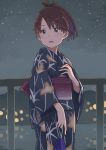  1girl alternate_costume bangs blurry bokeh brown_eyes brown_hair depth_of_field female hair_ribbon hand_on_own_chest japanese_clothes kantai_collection kimono matsutani night obi open_mouth ponytail ribbon sash shikinami_(kantai_collection) short_hair sky solo standing star_(sky) starry_sky 