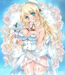  1girl aqua_eyes artist_name at_classics atago_(kantai_collection) bangs bare_shoulders beret blonde_hair blush bouquet breasts cleavage cowboy_shot detached_collar dress eyebrows_visible_through_hair flower fur_collar garter_straps gloves hat holding holding_bouquet kantai_collection large_breasts long_hair looking_at_viewer open_mouth panties sample see-through sidelocks smile solo thigh-highs traditional_media underwear watermark wedding_dress white_gloves white_hat white_legwear white_panties 