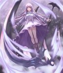  1girl absurdres belt boots brown_boots brown_eyes cross-laced_footwear dress full_body headband highres kama_(weapon) long_hair looking_at_viewer open_mouth original purple purple_dress purple_hair sickle solo standing yagyun 