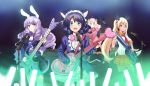  4girls animal_ears bell black_hair black_ribbon blonde_hair blue_eyes blush bow cang_you_xi cat_ears chuchu_(show_by_rock!!) closed_mouth cyan_(show_by_rock!!) drum drum_set eyebrows_visible_through_hair hair_ribbon holding holding_instrument instrument long_hair looking_at_viewer looking_away microphone microphone_stand moa_(show_by_rock!!) multiple_girls music open_mouth orange_skirt pink_bow pink_hair playing_instrument purple_hair rabbit_ears retoree ribbon short_hair show_by_rock!! sitting skirt smile twintails violet_eyes 
