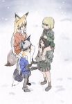  4girls animal_ears blonde_hair blue_eyes brown_hair carrying crossover ezo_red_fox_(kemono_friends) girls_und_panzer gradient_hair grey_hair hands_on_another&#039;s_head highres katyusha kemono_friends kito_(sakerukito) leg_hold long_hair multicolored_hair multiple_girls nonna pravda_military_uniform school_uniform shoulder_carry silver_fox_(kemono_friends) snow tail white_hair 