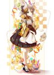  1girl :o animal animal_ears animal_on_shoulder apron ball bangs black_eyes checkered checkered_background commentary_request fan floral_print flower folding_fan fox fox_ears fox_girl fox_tail full_body grey_hair hair_flower hair_ornament hair_ribbon highres holding holding_tray japanese_clothes long_hair long_sleeves looking_at_viewer one_leg_raised open_mouth original parted_bangs ponytail ribbon sidelocks solo standing standing_on_one_leg tabi tail tray wa_maid white_legwear wide_sleeves yuzuyomogi zouri 
