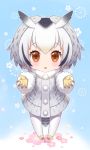  1girl black_hair blonde_hair blue_background blush brown_eyes chibi demmy eyebrows_visible_through_hair floral_background full_body fur_trim gloves grey_coat hair_between_eyes head_wings kemono_friends looking_at_viewer mary_janes multicolored_hair northern_white-faced_owl_(kemono_friends) open_mouth outstretched_arms pantyhose shoes silver_hair solo standing white_legwear yellow_gloves yellow_shoes 
