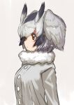  1girl akasaai animal_ears brown_eyes from_side fur_collar grey_background grey_hair highres kemono_friends northern_white-faced_owl_(kemono_friends) simple_background solo 