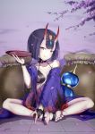  1girl blush bowl closed_mouth collarbone eyebrows_visible_through_hair fate/grand_order fate_(series) highres holding holding_bowl horns looking_at_viewer purple_hair short_hair shuten_douji_(fate/grand_order) signature sitting smile solo tongue tongue_out violet_eyes yeh_(354162698) 