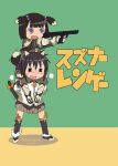  2girls =_= animal_ears black_hair blush brown_hair carrying cat_ears cat_tail dog_ears dog_tail drooling evilrugasan fang fingerless_gloves gloves gun hair_bobbles hair_ornament handgun kill_me_baby multiple_girls open_mouth parody pistol pop-up_story renge_miyamoto ribbon short_hair shoulder_carry skirt smile style_parody suzuna_isurugi sweatdrop tail tail_ribbon title_parody twitter_username violet_eyes weapon 