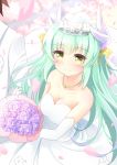  1boy 1girl absurdres agung_syaeful_anwar berserker blush bouquet breasts cleavage closed_mouth collarbone dress elbow_gloves eyebrows_visible_through_hair fate/grand_order fate_(series) flower gloves green_hair highres holding holding_bouquet horns kiyohime_(fate/grand_order) large_breasts long_hair looking_at_viewer smile tiara wedding_dress white_gloves yellow_eyes 