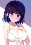  1girl bangs bikini bikini_top black_hair blush braid breasts chikuwa. eyebrows_visible_through_hair hair_ribbon large_breasts looking_at_viewer original ribbon short_hair single_braid smile solo swimsuit violet_eyes white_bikini white_bikini_top 