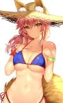  1girl animal_ears bikini blue_bikini blush bracelet breasts cleavage commentary_request ears_through_headwear fate/extra fate/grand_order fate_(series) fox_ears fox_tail hat jewelry large_breasts long_hair looking_at_viewer low_tied_hair matarou_(genkai_toppa) navel pink_hair side-tie_bikini side_ponytail smile solo swimsuit tail tamamo_(fate)_(all) tamamo_no_mae_(swimsuit_lancer)_(fate) yellow_eyes 