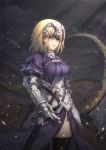  1girl armor armored_dress banner black_legwear blonde_hair breasts capelet chains closed_mouth commentary fate/apocrypha fate_(series) gauntlets head_tilt highres large_breasts looking_at_viewer peachpa ruler_(fate/apocrypha) sheath sheathed solo standing sword thigh-highs violet_eyes weapon 