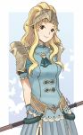  1girl blonde_hair clair_(fire_emblem) curly_hair fire_emblem fire_emblem_echoes:_mou_hitori_no_eiyuuou fire_emblem_gaiden holding holding_weapon long_hair polearm simple_background smile spear weapon 