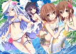  4girls akatsuki_(kantai_collection) aruka_(alka_p1) bikini black_hat blue_bikini blue_eyes brown_bikini brown_eyes brown_hair fang flat_cap flower folded_ponytail hair_flower hair_ornament hammer_and_sickle hat hibiki_(kantai_collection) highres ikazuchi_(kantai_collection) inazuma_(kantai_collection) innertube kantai_collection long_hair multiple_girls open_mouth partially_submerged purple_hair red_flower remodel_(kantai_collection) short_hair side-tie_bikini silver_hair smile swimsuit verniy_(kantai_collection) violet_eyes water white_hat 