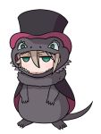  &gt;:/ 1girl :/ ange_(princess_principal) black_hat blush brown_hair cape chibi closed_mouth commentary_request denden green_eyes hair_between_eyes hat jitome lizard_costume princess_principal solo tail top_hat white_background 