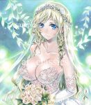  artist_name at_classics bangs bare_shoulders blonde_hair blue_eyes bouquet breasts bridal_veil bride cleavage closed_mouth dress elbow_gloves eyebrows_visible_through_hair flower gloves hair_flower hair_ornament holding holding_bouquet large_breasts leaf_hair_ornament long_hair looking_at_viewer original sample sidelocks smile solo traditional_media upper_body veil very_long_hair watermark wedding_dress white_gloves 