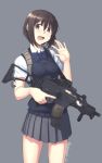  1girl :d assault_rifle bow bowtie brown_eyes brown_hair commentary_request cowboy_shot g36c grey_background gun keychain looking_at_viewer oda_masaki_(b-minor) open_mouth original pleated_skirt rifle school_uniform short_hair skirt smile solo twitter_username vest weapon 