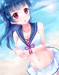 10s 1girl blue_hair blush breasts cleavage collarbone eyebrows_visible_through_hair hair_bun highres long_hair looking_at_viewer love_live! love_live!_sunshine!! medium_breasts navel open_mouth pink_eyes pipette_(artist) solo tsushima_yoshiko 