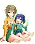  2girls :d bare_legs barefoot blue_eyes blue_hair brown_eyes commentary eating feet food hair_ribbon hakama_skirt hand_on_another&#039;s_head highres hiryuu_(kantai_collection) japanese_clothes kantai_collection light_brown_hair long_sleeves multiple_girls open_mouth popsicle ribbon short_hair short_twintails sitting sitting_on_lap sitting_on_person smile soles souryuu_(kantai_collection) toes twintails yatsuhashi_kyouto younger 