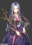  1girl copyright_name green_eyes interitio japanese_clothes looking_at_viewer official_art open_mouth purple_hair sid_story solo wood 