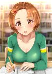  1girl blush bookshelf breasts brown_eyes brown_hair chair cleavage commentary_request hair_ornament hairclip idolmaster idolmaster_cinderella_girls indoors large_breasts library looking_at_viewer notebook older open_mouth pen ryuuzaki_kaoru sg_(esujii) short_hair sitting solo table 