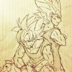  2boys back-to-back between_legs crossed_arms dirty dirty_clothes dragon_ball dragonball_z hand_between_legs looking_at_another looking_at_viewer looking_back male_focus monochrome multiple_boys notebook serious short_hair simple_background smile son_gokuu spiky_hair super_saiyan tkgsize vegeta wristband 