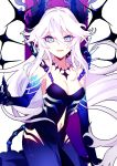  1girl athria black_dress black_gloves blue_eyes diabla_(elsword) dress elbow_gloves elsword gloves highres horns jewelry long_hair looking_at_viewer luciela_r._sourcream navel_cutout necklace smile solo spikes white_hair 