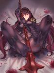  1girl black_legwear blush bodystocking breasts brown_hair chiwa_(tsugumisky) eyebrows_visible_through_hair fate/grand_order fate_(series) feet holding holding_spear holding_weapon large_breasts looking_at_viewer lying no_shoes on_back parted_lips polearm red_eyes scathach_(fate/grand_order) smile solo spear toes weapon 