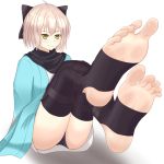  1girl barefoot black_scarf fate/grand_order fate_(series) feet japanese_clothes sakura_saber scarf short_hair soles solo toeless_legwear toes 