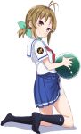  1girl 2017 abe_kanari antenna_hair badge ball black_legwear blue_skirt bowling_ball brown_eyes brown_hair green_ribbon hair_ribbon happy_birthday high_school_fleet himeji_kayoko kneeling looking_at_viewer neckerchief pleated_skirt red_neckerchief ribbon school_uniform serafuku short_hair short_twintails simple_background skirt skirt_lift smile socks solo twintails underskirt white_background white_sailor_collar 