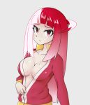  1girl akiba&#039;s_trip akiba&#039;s_trip_the_animation breasts cleavage drawfag highres jacket long_hair looking_at_viewer mayonaka_matome multicolored_hair red_eyes redhead solo sweat track_jacket unzipping upper_body white_hair 