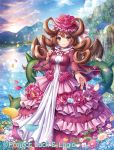  1girl blue_eyes blue_sky brown_hair clouds dress flower frilled_dress frills fumi_(butakotai) hair_rings hat hat_flower lake long_hair looking_at_viewer luck_&amp;_logic outdoors outstretched_hand petals pink_dress pink_hair rose sky solo standing thorns very_long_hair water waterfall wide_sleeves 