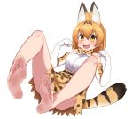  1girl animal_ears bare_legs bare_shoulders barefoot blonde_hair blush bow bowtie breasts elbow_gloves fang feet gloves happy high-waist_skirt kemono_friends legs open_mouth satou_(su9arsatou) serval_(kemono_friends) serval_ears serval_print serval_tail shirt short_hair simple_background skirt sleeveless sleeveless_shirt smile soles solo tail thighs toes white_background yellow_eyes 