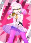  1girl breasts commentary_request fingerless_gloves gloves highres hime_(splatoon) looking_at_viewer microphone mole mole_under_mouth shiny small_breasts solo splatoon splatoon_2 tentacle_hair yakan1986 zipper 